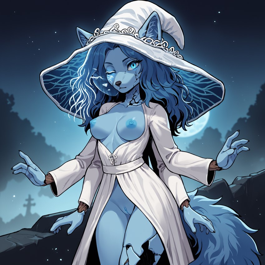 4_fingers anthro blue_body blue_eyes blue_hair blue_nipples blue_pussy breasts clothed clothing curled_hair doll_joints dress elden_ring female fingers genitals hair hat headgear headwear light long_hair long_sleeves looking_at_viewer medium_breasts moon moonlight multi_arm multi_limb night nipples one_eye_closed pussy solo white_clothing white_dress witch_hat sagrael ranni_the_witch animate_inanimate canid canine fox mammal hi_res