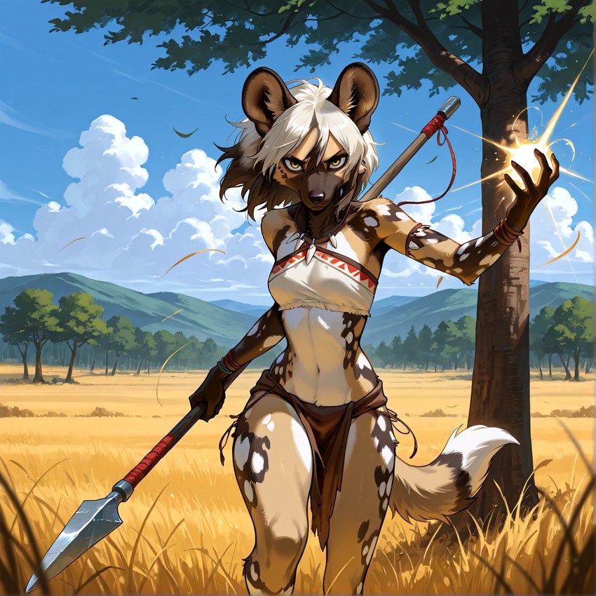 anthro blue_sky bottomwear clothing cloud detailed_background female front_view fur grass hair holding_object jewelry loincloth looking_at_viewer magic magic_user medium_hair melee_weapon mountains multicolored_hair plant polearm sky solo solo_focus spear spots spotted_body spotted_fur tree tribal tribal_jewelry walking_towards_viewer weapon yellow_eyes vvartech african_wild_dog canid canine mammal hi_res