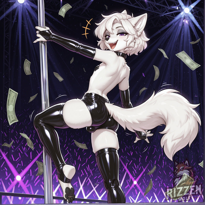 anthro bottomwear bulge clothing collar dancing femboy fluffy fluffy_tail fur glowstick hair hotpants inner_ear_fluff latex_armwear latex_legwear looking_at_viewer looking_back looking_back_at_viewer male nipple_tape pasties pawpads paws pole pole_dancing purple_eyes shorts solo stirrup_stockings strip_club stripper_pole tape tuft white_body white_fur white_hair rizzenwolf_(director) lance_(rizzenwolf) arctic_fox canid canine fox mammal absurd_res director_name hi_res watermark