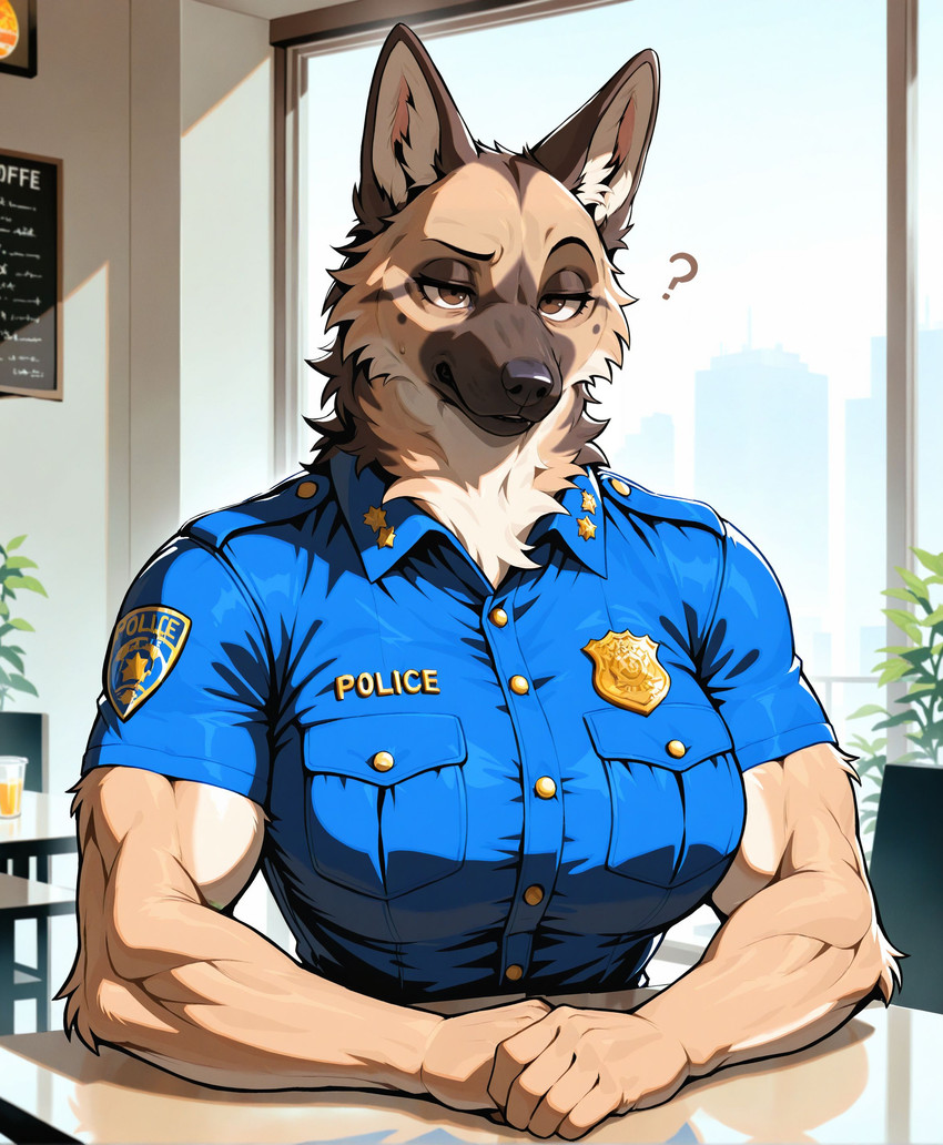 anthro arm_tuft badge biceps big_breasts black_nose blue_clothing blue_topwear breasts brown_body brown_eyes brown_fur building cheek_tuft city claws clothed clothing eyebrows facial_tuft female finger_claws fingers fur furniture inner_ear_fluff inside looking_at_viewer multicolored_body multicolored_fur muscular muscular_anthro muscular_arms muscular_female narrowed_eyes neck_tuft police police_officer police_uniform question_mark shirt solo table tan_body tan_fur text tight_clothing topwear tuft uniform window lieutenant_chuck canid canine canis domestic_dog german_shepherd herding_dog mammal pastoral_dog absurd_res hi_res