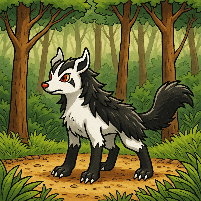 day feral forest plant red_eyes red_nose solo standing tree yellow_sclera thedavid nintendo pokemon generation_3_pokemon mightyena pokemon_(species) hi_res