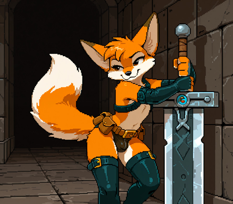anthro armwear belt belt_pouch black_clothing blizzard_entertainment bulge clothing dungeon eyelashes fur hair legwear male melee_weapon navel orange_body orange_fur short_hair smile solo sword tail underwear utility_belt weapon taithrah warcraft canid canine fox mammal vulpera digital_media_(artwork) hi_res pixel_(artwork)