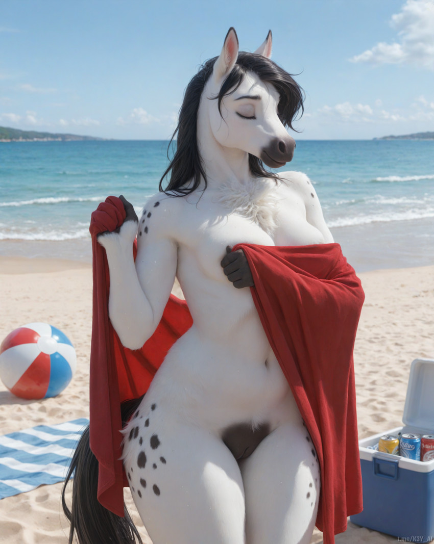 anthro ball beach black_hair black_nose black_spots blue_sky breasts casual_nudity chest_tuft cloud cooler covering covering_breasts curvy_figure darkened_genitalia darkened_pussy day detailed_fur eyes_closed female female_anthro front_view fur genitals hair holding_object holding_towel hourglass_figure humanoid_genitalia humanoid_pussy legs_together light medium_breasts mostly_nude_anthro mostly_nude_female navel nude outdoor_nudity outside photorealism pubes pussy sea seaside sky smile solo spots standing sunlight towel towel_only tuft water white_body white_cloud white_fur k3y equid equine horse mammal detailed hi_res watermark