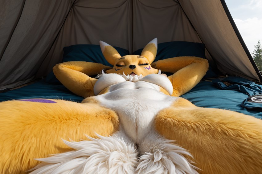 anthro anus breasts female fur genitals lying nude on_back pussy sleeping solo spreading tuft white_body white_fur yellow_body yellow_fur zannos digimon_(species) renamon