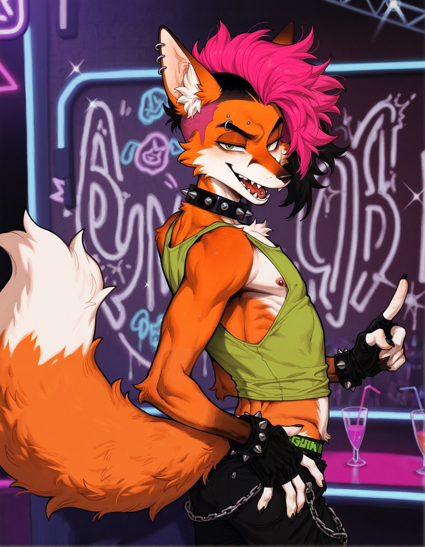 alcohol anthro bar beverage black_hair bottomwear bracelet chain chest_tuft clothing cocktail collar crop_top denim denim_clothing dipstick_tail ear_piercing ear_ring elbow_tuft eyebrow_piercing facial_piercing fingerless_gloves fur gesture gloves green_eyes hair half-closed_eyes hand_on_hip handwear jeans jewelry looking_back male markings multicolored_body multicolored_fur multicolored_hair narrowed_eyes nightclub nipple_piercing nipples open_mouth orange_body orange_fur pants piercing pink_hair pointing punk punk_hair ring_piercing sharp_teeth shirt side_view skinny smile smirk solo spiked_bracelet spiked_collar spikes tail_markings tank_top teeth tongue tongue_piercing topwear tuft two_tone_body two_tone_fur two_tone_hair undercut underwear white_body white_fur unknown_director canid canine fox mammal hi_res portrait three-quarter_portrait