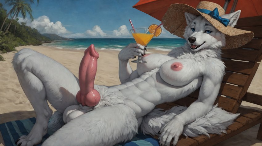 alcohol animal_genitalia animal_penis anthro balls beach beverage big_breasts big_penis breasts canine_genitalia canine_penis clothing cocktail erection fur genitals gynomorph hat headgear headwear intersex knot looking_at_viewer nipples nude outside penis presenting seaside smile solo sunbed white_body huskeyking arctic_wolf canid canine canis mammal wolf hi_res