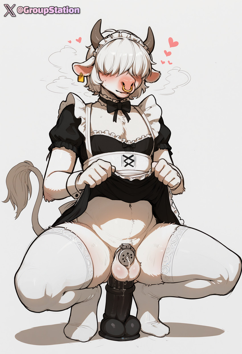 anal anal_penetration androgynous anthro bodily_fluids bowtie chastity_cage chastity_device choker clothed clothing clothing_lift crossdressing crouching dildo dildo_sitting dress dress_lift dripping ear_piercing ejaculation facial_piercing femboy flat_chastity_cage genital_fluids genitals hair hair_over_eyes hands-free horn jewelry leaking_precum legwear maid_headdress maid_uniform male navel necklace no_underwear nose_piercing nose_ring object_in_ass penetration penis piercing precum precum_drip presenting presenting_penis ring_piercing seductive sex_toy sex_toy_in_ass sex_toy_insertion simple_background smile solo stockings tail uniform wide_hips groupstation bovid bovine cattle humanoid mammal absurd_res hi_res