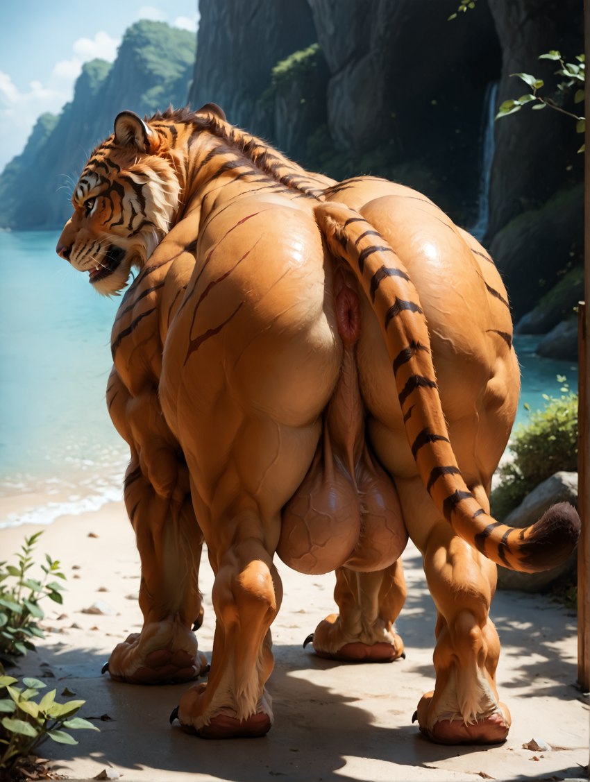 anus balls big_balls butt feral fur genitals male muscular muscular_feral orange_body orange_fur rear_view saggy_balls sea solo striped_body striped_fur stripes tail_down vein veiny_balls water vanzilen felid mammal pantherine tiger absurd_res hi_res