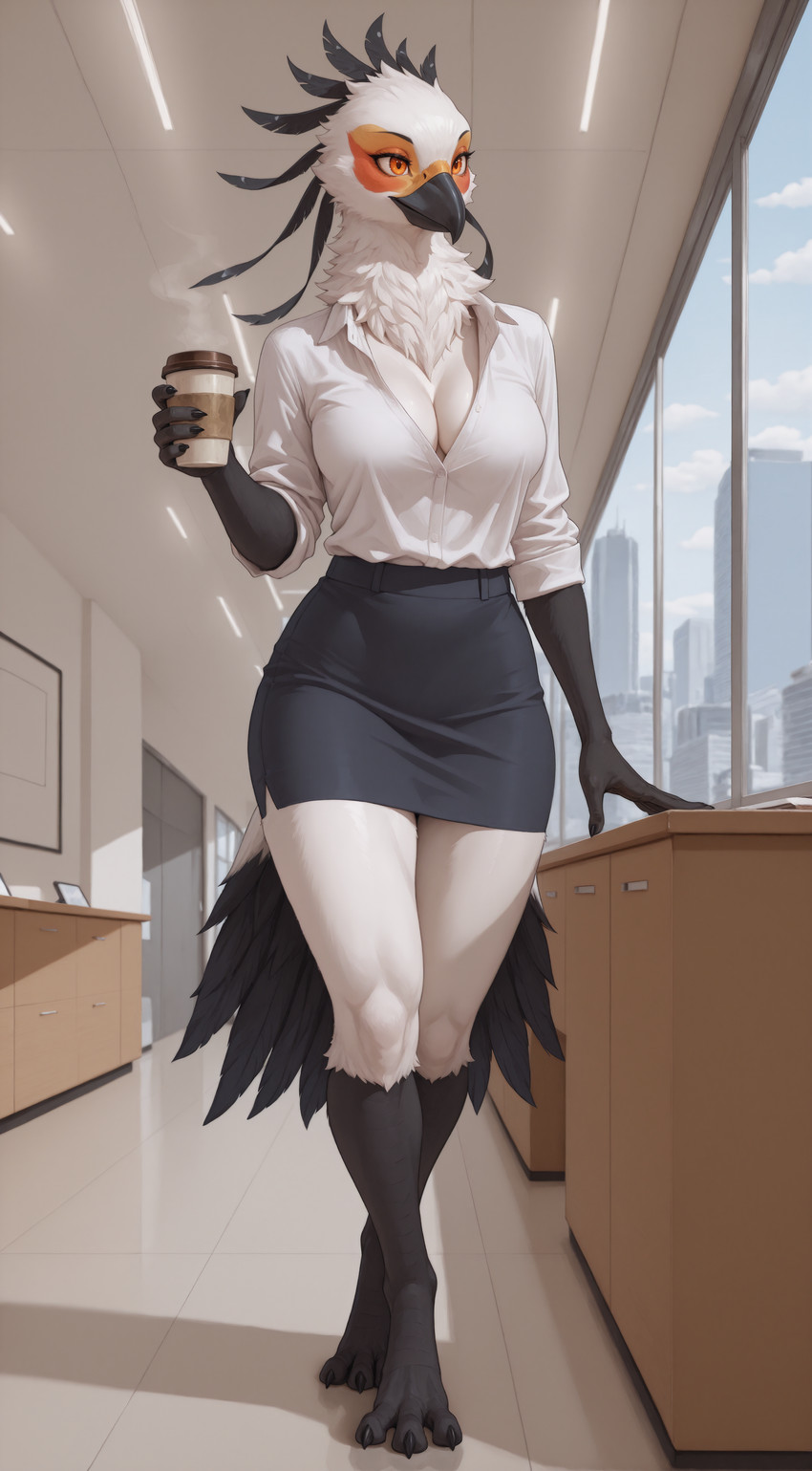 3_toes anthro avian_feet beak beverage black_claws bottomwear breasts claws cleavage clothed clothing coffee coffee_cup container cup facial_markings feathers feet female head_markings holding_cup holding_object markings neck_tuft office office_clothing orange_eyes shirt skirt skyscraper solo tail_feathers toe_claws toes topwear tuft white_clothing white_shirt white_topwear window whigwham accipitriform avian bird secretary_bird absurd_res hi_res