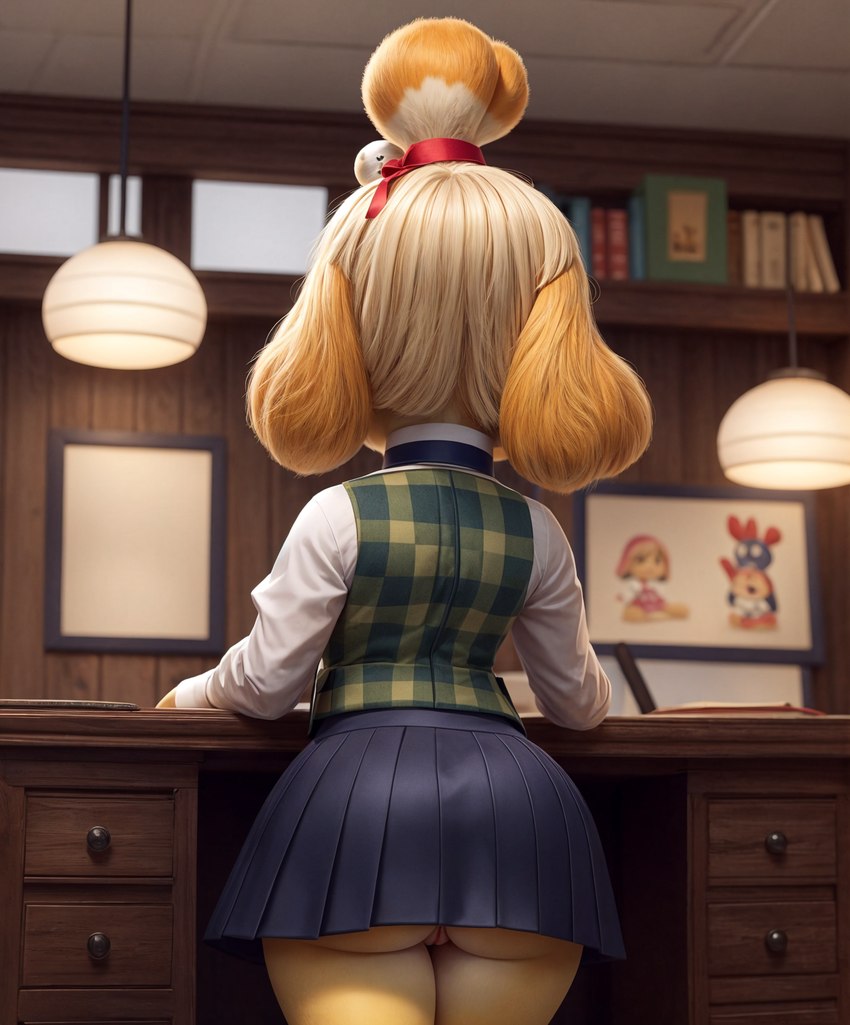 animal_crossing anthro bell bottomless bottomless_female bottomwear butt butt_focus clothed clothing desk female furniture genitals pen pussy skirt solo table director_lerrmot isabelle_(animal_crossing) canid canine canis domestic_dog mammal hi_res