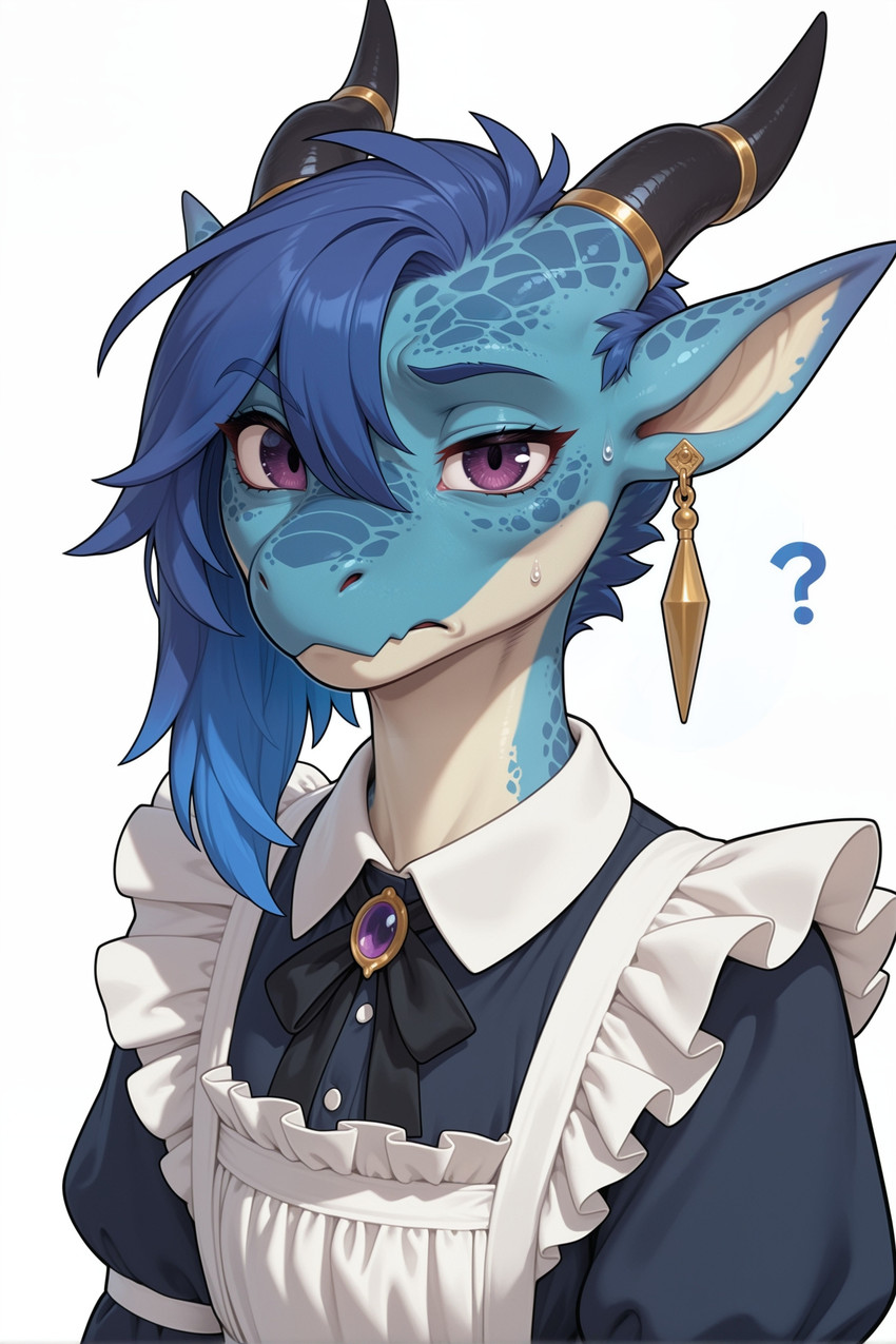 ambiguous_gender anthro blue_body blue_hair blue_scales bodily_fluids clothed clothing countershading ear_piercing ear_ring eyebrows eyelashes frilly frilly_clothing hair horn horn_jewelry jewelry looking_at_viewer maid_uniform mythology piercing purple_eyes question_mark raised_eyebrow ring_piercing scales simple_background solo sweat uniform unimpressed white_background denatural hummuna cutlynx_(denatural) dragon kobold mythological_creature mythological_scalie scalie bust_portrait hi_res portrait