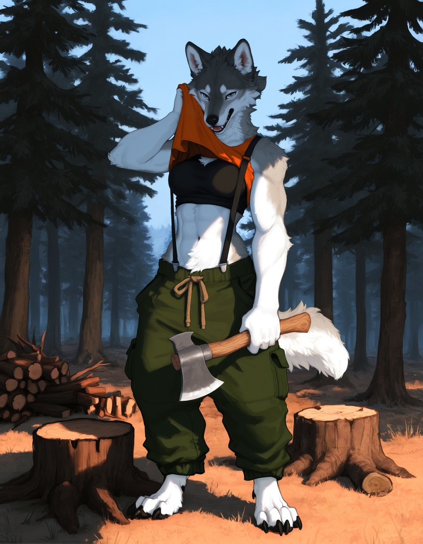 4_toes abs anthro athletic athletic_anthro athletic_female axe barefoot black_nose bottomwear bra breasts claws clothed clothing detailed_background digitigrade exhausted feet female finger_claws fingers forest fur grass green_bottomwear green_clothing green_pants grey_body grey_fur holding_axe holding_object log looking_at_viewer lumberjack melee_weapon multicolored_body multicolored_fur muscular muscular_female nature navel open_mouth outside overalls pants paws plant shirt solo sports_bra standing tail teeth toe_claws toes topwear tree tuft two_tone_body two_tone_fur underwear weapon white_body white_fur wood anotheranon canid canine canis mammal wolf absurd_res hi_res