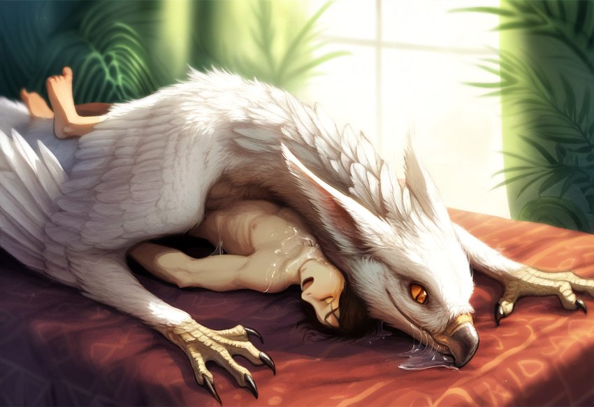 ambiguous_fluids barefoot beak bed bodily_fluids claws feathers feet furniture on_bed on_bottom on_top orange_eyes pupils saliva slit_pupils white_body white_feathers wing_claws wings forsaken avian gryphon human mammal mythological_avian