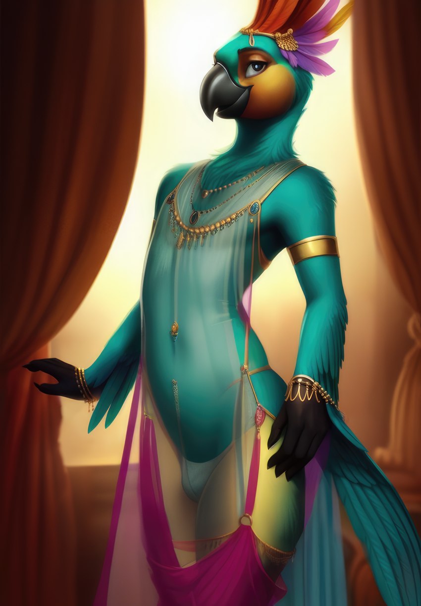 anthro beak black_beak blue_body blue_feathers blurred_background bulge clothed clothing curtains detailed_feathers feathers gem gold_(metal) gold_jewelry harem_outfit headgear headwear inside jewelry looking_at_viewer male navel pose purple_body purple_feathers red_body red_feathers seductive silk skimpy smile solo thin_fabric tuft underwear yellow_body yellow_feathers shuffur avian bird parrot absurd_res detailed hi_res