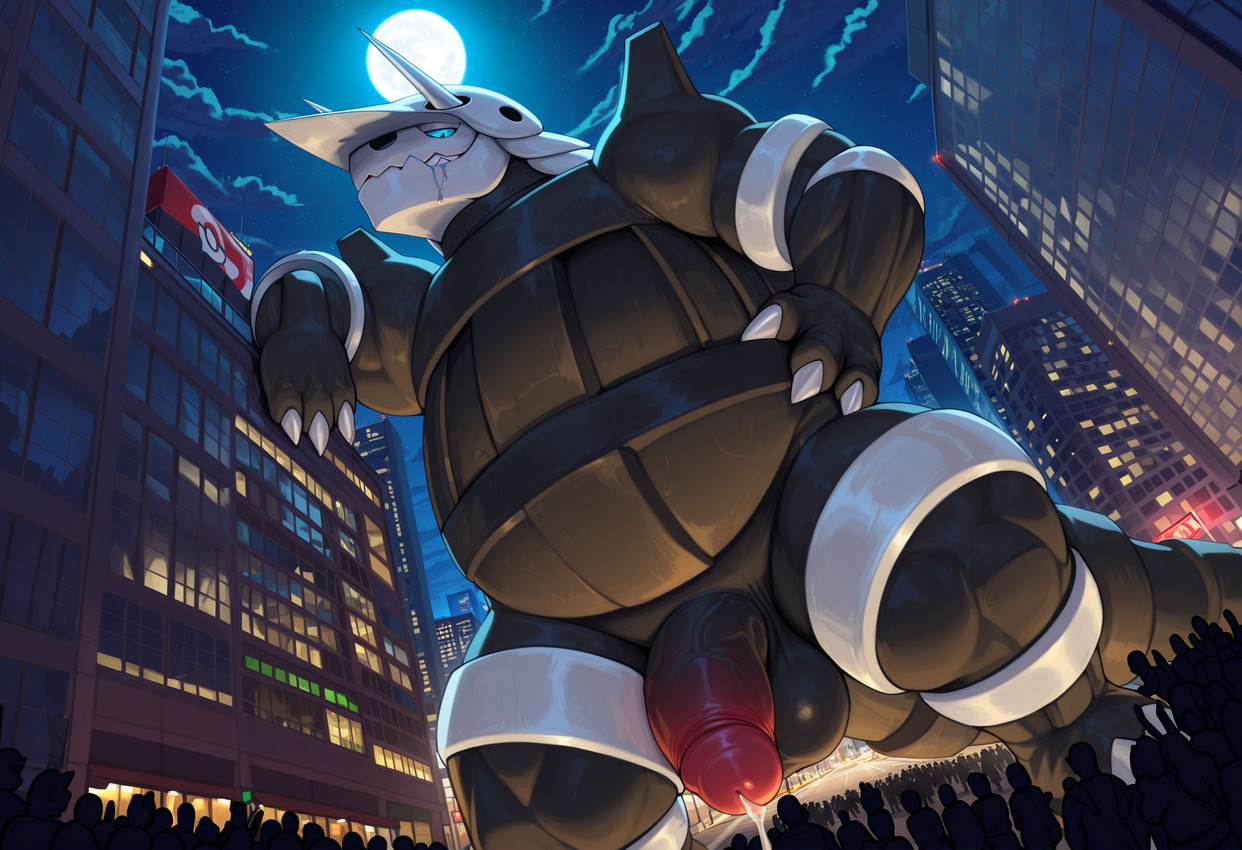 2_horns 3_fingers against_surface against_wall anthro arm_support backlighting balls belly black_eyes blue_sclera bodily_fluids building city claws cloud crowd drooling extreme_size_difference fingers genital_fluids genitals glans grey_body grin group half-closed_eyes half-erect hand_on_hip hand_on_own_hip horn humanoid_genitalia humanoid_penis larger_anthro larger_male leaking_precum leaning_against_object light looking_at_another looking_down looking_down_at_another looming low-angle_view macro macro_focus male moon narrowed_eyes night outside penis pink_glans precum saliva semi-anthro size_difference sky skyscraper slightly_chubby smile smirk solo_focus standing star starry_sky street tail thick_thighs vein veiny_penis white_face white_head white_horn dfy6c nintendo pokemon aggron generation_3_pokemon pokemon_(species) reptile scalie hi_res lighting