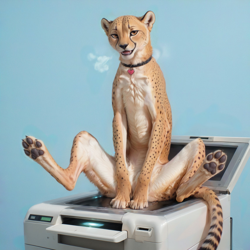 amber_eyes ambiguous_gender blue_background bodily_fluids breath_cloud chest_tuft claws collar copier covering covering_crotch detailed_fur dewclaw digitigrade feet female feral foot_focus fur genital_fluids inner_ear_fluff looking_at_viewer multicolored_body multicolored_fur open_mouth pawpads paws photocopier photocopying_butt photocopying_self realistic realistic_fur simple_background sitting solo spots spotted_body spotted_fur spread_legs spreading tail tuft yellow_body yellow_fur mysticcoyote cheetah felid feline mammal detailed hi_res