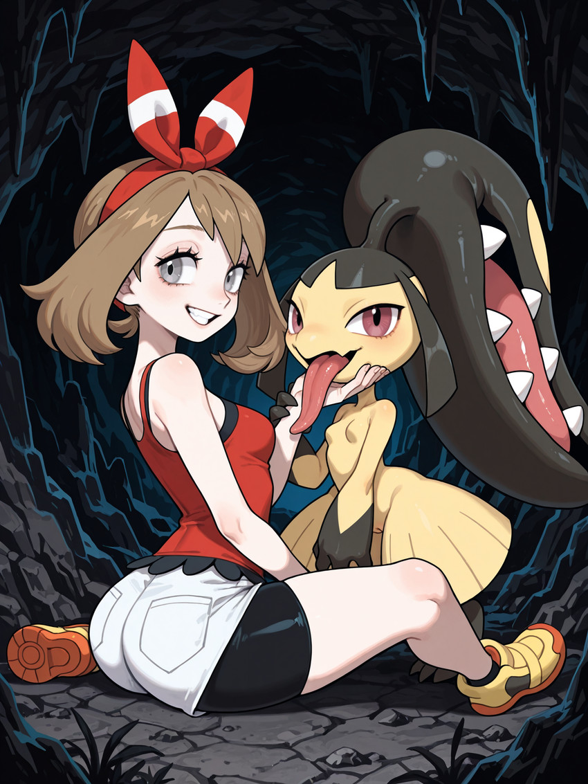 4_fingers accessory areola black_clothing blush bottomwear breasts brown_hair butt cave clothed clothed_female clothing duo eyelashes feet female female/female fingers footwear genitals hair hair_accessory hair_mouth interspecies long_tongue looking_at_viewer looking_back nipples nude open_mouth plant pokephilia pupils pussy red_clothing red_eyes red_footwear sharp_teeth shirt shoes shorts sitting size_difference small_breasts smaller_female smile teeth tongue tongue_out topwear white_clothing white_footwear white_shoes yellow_body unknown_director nintendo pokemon may_(pokémon) generation_3_pokemon humanoid mammal mawile pokemon_(species) hi_res