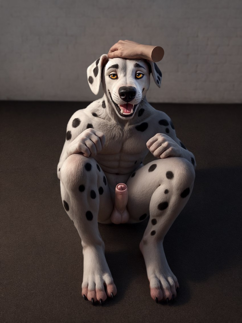 anthro balls disembodied_hand foreskin genitals hands_on_legs headpat humanoid_genitalia humanoid_penis male male_focus paws penis simple_background sitting_on_ground solo solo_focus whiskers horny_pepega canid canine canis dalmatian domestic_dog human mammal digital_media_(artwork) digital_painting_(artwork) hi_res shaded