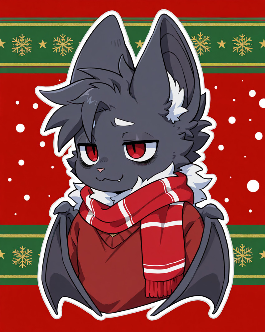 anthro bags_under_eyes bat_ears bat_wings chibi christmas_background christmas_clothing clothing facial_tuft fluffy fluffy_fur inner_ear_fluff male membrane_(anatomy) membranous_wings neck_tuft red_eyes scarf solo solo_focus sweater topwear tuft tusks wings alastorgj pip_(alastorgj) bat mammal hi_res