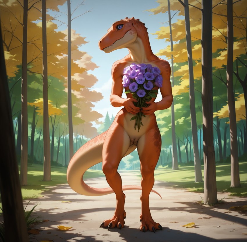 anthro autumn black_claws blue_eyes blue_sky bouquet claws day detailed_scales dewclaw digitigrade female flower flower_bouquet forest front_view glistening glistening_eyes head_tilt holding_flower holding_object leaf light mouth_closed multicolored_body multicolored_scales orange_body orange_scales path peach_pussy plant scales sky slim smile snaggle_tooth solo solo_focus spots spotted_body standing sunlight tail_aside thick_tail tree yellow_body yellow_scales blp dinosaur reptile scalie theropod tyrannosaurid colorful detailed hi_res