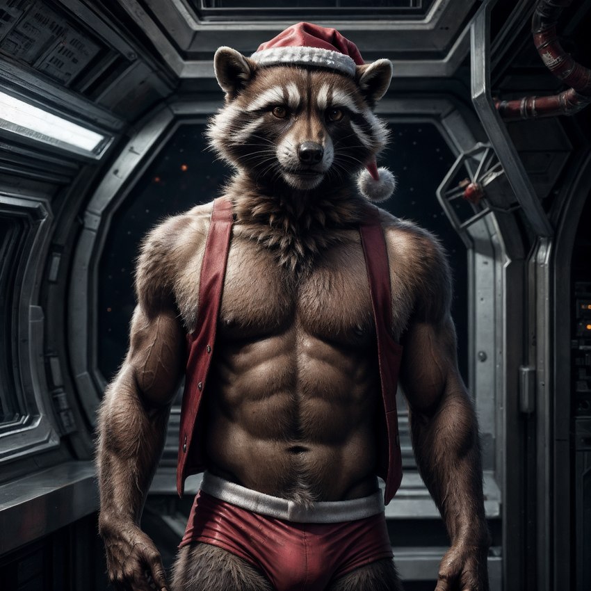 2023 abs anthro black_nose brown_body brown_fur christmas_clothing christmas_headwear christmas_theme clothing fur hat headgear headwear holidays looking_at_viewer male muscular muscular_anthro muscular_male neck_tuft pecs pubes santa_hat solo spacecraft_interior spaceship stable_diffusion standing topwear tuft underwear veiny_arms veiny_biceps veiny_hands veiny_muscles vest monkeyelf_(director) rocket_raccoon hi_res portrait