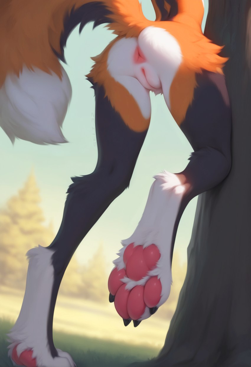 anthro anus black_body black_fur black_nails butt butt_tuft claws colored_nails digitigrade faceless_character faceless_female feet female fluffy fluffy_tail foot_focus fur genitals grass hindpaw multicolored_body multicolored_fur nails nude on_one_leg one_leg_up orange_body orange_fur outdoor_nudity outside pawpads paws pink_anus pink_pawpads pink_pussy plant presenting presenting_hindquarters presenting_pussy pussy raised_leg raised_tail rear_view solo standing toes tree tuft white_body white_fur y_anus seli-32 canid canine canis mammal hi_res