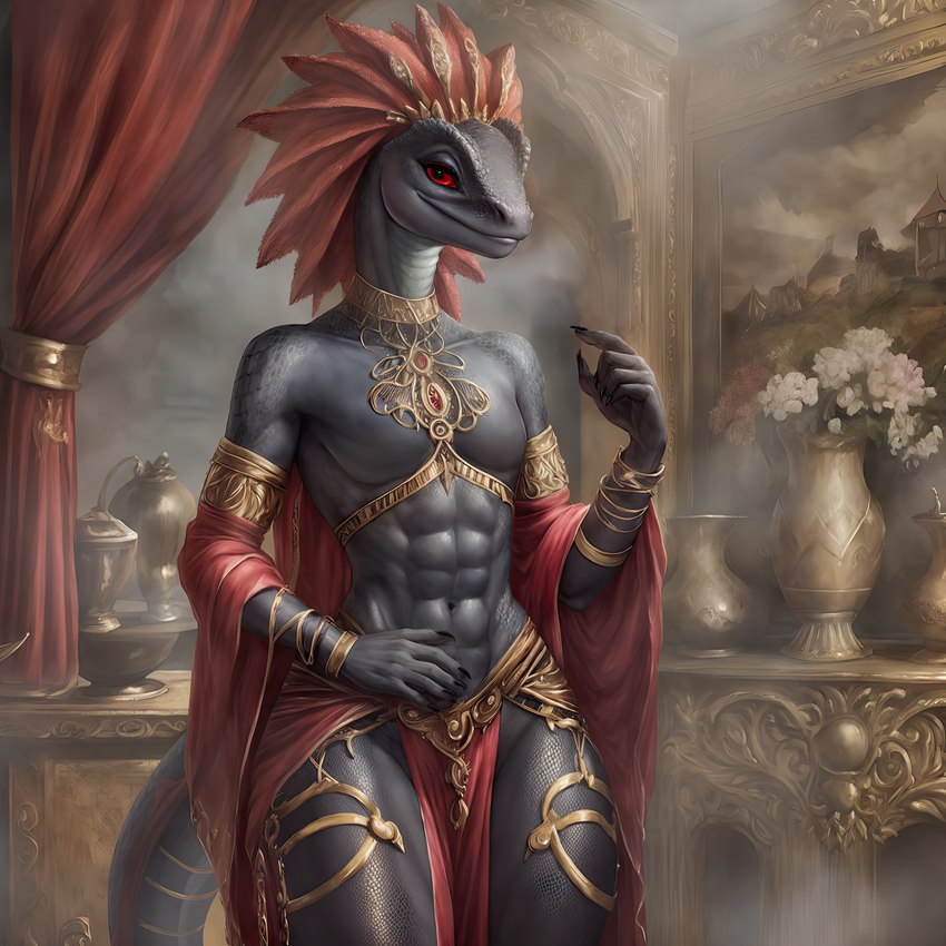 abs anthro clothed clothing female flat_chested frill_(anatomy) gesture head_crest head_frill inside jewelry looking_at_viewer partially_clothed pointing smile smiling_at_viewer smoke solo standing thick_thighs wide_hips koboldcollector lizard reptile scalie absurd_res hi_res