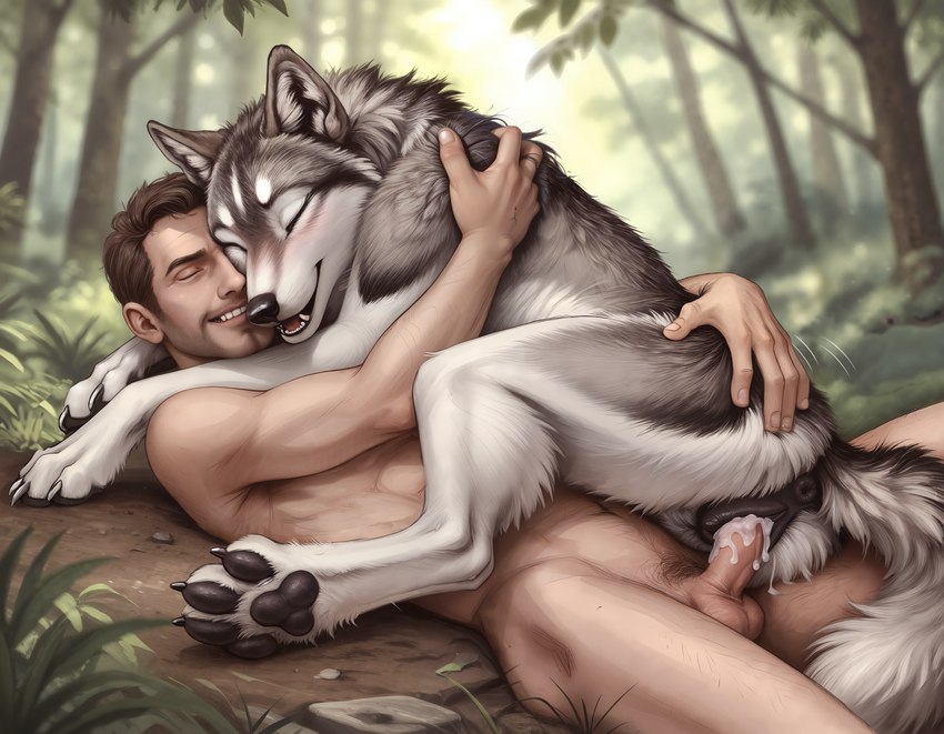 animal_genitalia animal_pussy anus bodily_fluids canine_pussy cowgirl_position cuddling cum duo embrace eyes_closed female feral feral_on_top forest from_front_position fur genital_fluids genitals grey_body grey_fur happy happy_sex hug lying male male/female on_back on_bottom on_top outdoors pawpads penetration plant pussy rear_view romantic romantic_couple sex smile tree vaginal vaginal_penetration white_body white_fur bugzie_mucksticky canid canine canis human mammal wolf absurd_res hi_res