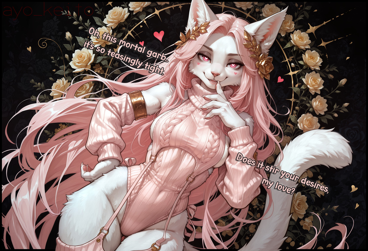 5_fingers <3 <3_eyes anthro armwear biped blush breasts claws clothed clothed_anthro clothed_female clothing dialogue eyebrows eyelashes feet female female_anthro finger_claws fingers flower front_view fully_clothed fur hair hand_on_hip heart_symbol inner_ear_fluff legwear leotard lips long_hair looking_at_viewer monotone_body monotone_fur monotone_hair monotone_tail narrowed_eyes navel pawpads paws pink_claws pink_clothing pink_eyes pink_hair pink_lips pink_nose pink_pawpads pink_topwear plant rose_(flower) seductive simple_background smile solo standing sweater tail text toes topwear tuft white_body white_fur white_tail wide_hips ayo_keito domestic_cat felid feline felis mammal absurd_res digital_media_(artwork) english_text hi_res portrait three-quarter_portrait watermark