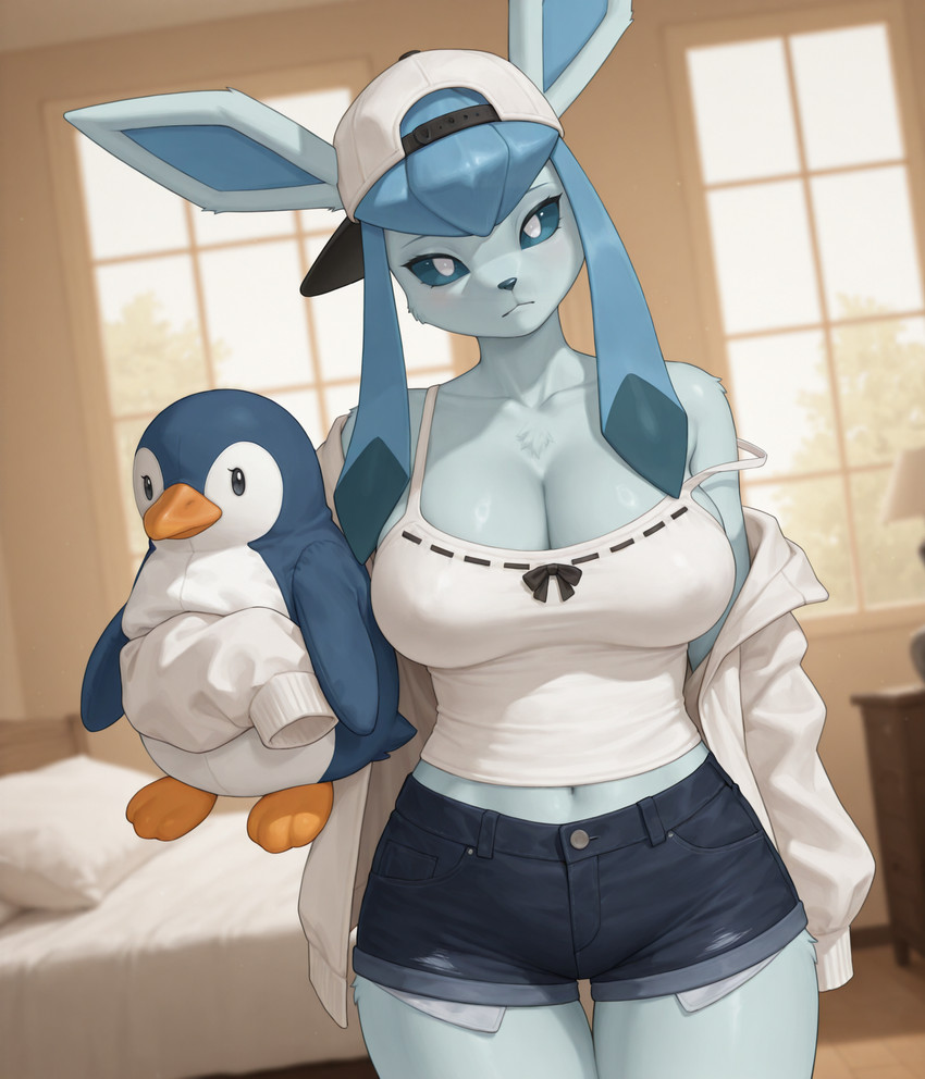 anthro backwards_baseball_cap backwards_hat baseball_cap bed bedroom big_breasts big_ears blue_body blue_clothing blue_eyes blue_fur blue_tail bottomwear bow_ribbon breasts cleavage clothed clothing female female_anthro front_view fur furniture hat headgear headwear looking_at_viewer partially_clothed plushie pokemorph shorts solo standing tail topwear white_clothing white_topwear lewdtf nintendo pokemon eeveelution generation_4_pokemon glaceon pokemon_(species) 2025 digital_drawing_(artwork) digital_media_(artwork) hi_res stable_diffusion