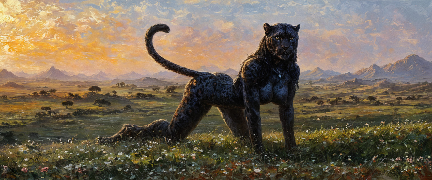 anthro big_breasts black_body black_fur black_hair breasts cloud cloudscape digitigrade female field flower fur hair impressionism kneeling_on_ground landscape long_hair mountain nude pendant plant sky slim_body solo sunset tail tall wide_hips yellow_eyes akhiezer felid khajiit mammal pantherine hi_res oil_painting_(artwork) painting_(artwork) traditional_media_(artwork)