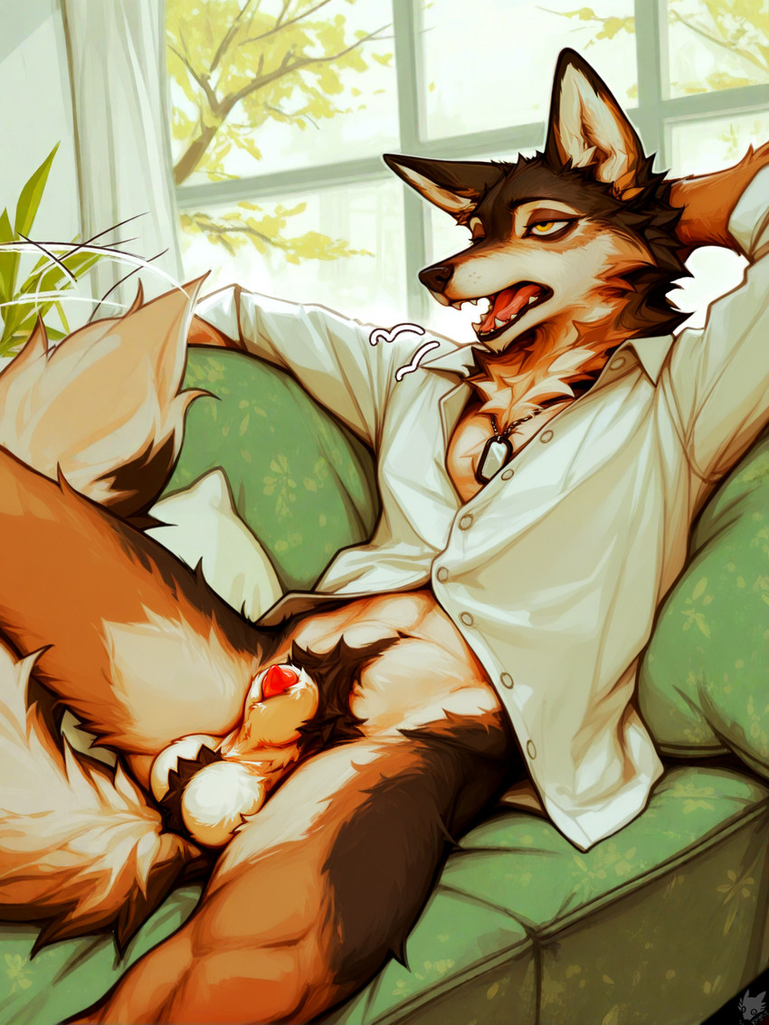 animal_genitalia anthro bags_under_eyes ball_tuft balls body_hair brown_body brown_fur brown_pubes countershading crotch_tuft dark_body dark_fur dog_tags emanata fur furniture genitals happy_trail lipsticking male narrowed_eyes navel open_mouth penis penis_tip pillow pubes reclining sheath sofa solo tan_body tan_fur tricolor_fur tuft unbuttoned_shirt waking_up white_body white_countershading white_dress_shirt white_fur white_inner_ear yawn yellow_eyes koyo canid canine canis coyote domestic_dog german_shepherd herding_dog hybrid mammal pastoral_dog hi_res
