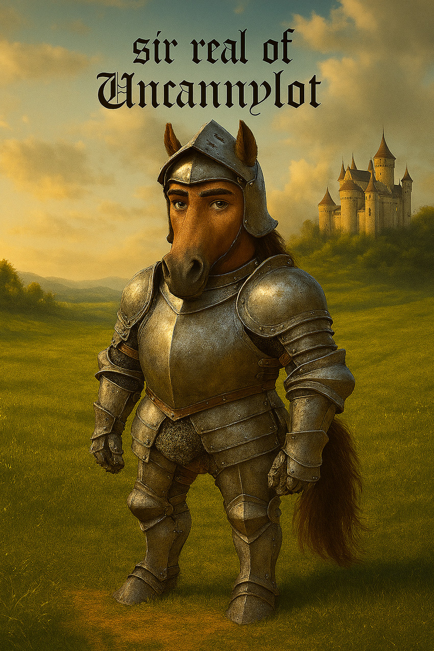 anthro armor brown_body brown_fur brown_hair brown_tail castle eyebrows field fur grass green_eyes hair headgear helmet knight looking_at_viewer male medieval_armor open_helmet plant realistic self_upload short sky solo standing tail text warrior sir-real sir_real_of_uncannylot equid equine horse mammal english_text hi_res