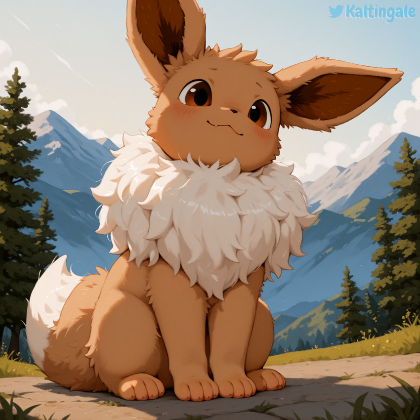 4_toes ambiguous_gender black_nose blush brown_body brown_eyes brown_fur cheek_tuft chest_tuft claws cloud cute_fangs dipstick_tail elbow_tuft facial_tuft feet feral fluffy front_view fur grass head_tuft hip_tuft inner_ear_fluff markings mountains multicolored_body multicolored_fur nature nature_background outside pawpads paws plant sitting sky smile solo tail_markings toes tree tuft two_tone_body two_tone_fur white_body white_fur kaltingale_(director) nintendo pokemon eevee generation_1_pokemon pokemon_(species) hi_res watermark
