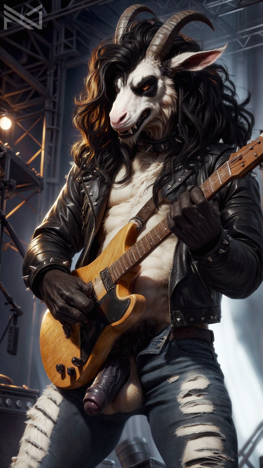 abs angry anthro athletic balls black_hair black_penis bottomwear bovid_horn caprine_horn clothed clothing collar denim denim_clothing detailed_background detailed_fur fangs flaccid foreskin fur genitals goat_horn guitar hair horn humanoid_genitalia humanoid_penis jacket jeans leather leather_clothing leather_jacket leather_topwear light male musical_instrument pants partially_clothed partially_retracted_foreskin penis penis_through_fly playing_guitar playing_music plucked_string_instrument poking_out presenting provocative pubes realisti realistic rockstar solo spiked_collar spikes stage standing string_instrument topwear torn_clothing vein veiny_penis wardrobe_malfunction white_body white_fur notte bovid caprine goat mammal 4k absurd_res colorful detailed hi_res lighting shaded soft_shading