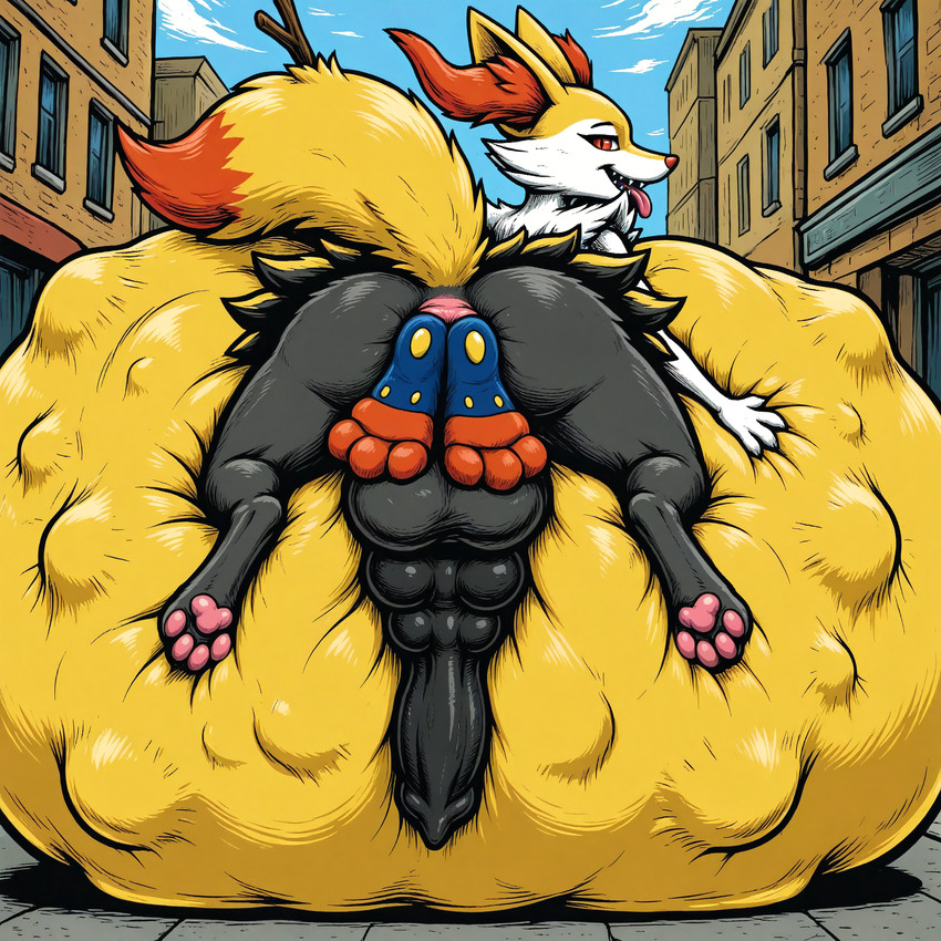 3_toes 4_toes almost_fully_inside anal anal_vore animal_genitalia animal_penis anthro anus backsack balls belly big_balls big_belly big_penis black_balls black_body black_fur black_penis blue_sky building canine_genitalia canine_penis cloud duo fangs feet fur genitals head_first hyper hyper_belly inner_ear_fluff knot looking_at_viewer looking_back looking_back_at_viewer male mass_vore multi_genitalia multi_knot multicolored_body multicolored_fur multiple_prey open_mouth open_smile outside pawpads penis pink_anus pink_pawpads pink_tongue raised_tail rear_view red_eyes sky smile tail teeth toes tongue tongue_out tuft vore white_body white_fur yellow_body yellow_fur thedavid nintendo pokemon braixen cinderace generation_6_pokemon generation_8_pokemon pokemon_(species) hi_res