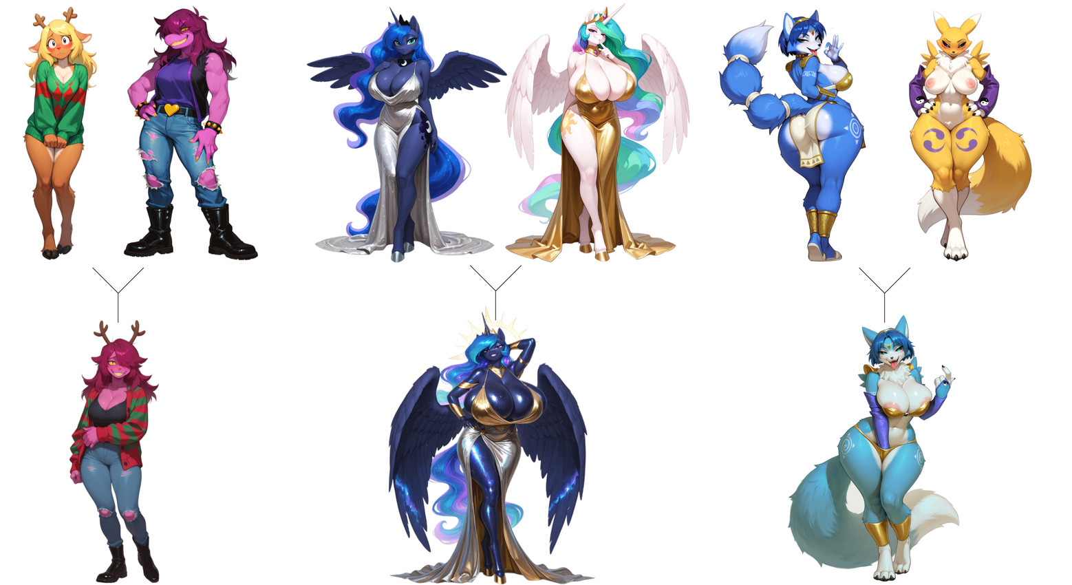 1_horn accessory anthro antlers armwear belly big_breasts black_boots black_clothing black_footwear black_sclera blonde_hair blue_body blue_breasts blue_clothing blue_eyes blue_feathers blue_fur blue_hair blue_horn blue_tail boots bottomwear bracelet breast_size_difference breasts brown_body brown_fur butt cleavage clothed clothed_anthro clothed_female clothing countershading crossover crown cutie_mark denim denim_bottomwear denim_clothing dipstick_tail dress feathered_wings feathers feet female female_anthro fingers fluffy fluffy_tail footwear fully_clothed fur furgonomic fusion gloves gold_(metal) gold_jewelry green_clothing group hair hand_in_panties hand_in_underwear hand_on_hip handwear high_heeled_boots high_heels hooves horn huge_breasts humanoid_pointy_ears jeans jewelry leg_markings loincloth long_hair looking_at_viewer markings monotone_breasts monotone_hair multicolored_body multicolored_fur multicolored_hair multicolored_tail mythological_equine mythology nipples open_mouth panties pants pink_body prick_ears purple_body purple_clothing purple_eyes purple_hair ring ring_(jewelry) shirt shoes simple_background spiked_bracelet spikes spread_wings standing sweater tail tail_accessory tail_jewelry tail_markings thick_thighs toes topwear torn_bottomwear torn_clothing torn_pants tuft two_tone_body two_tone_fur underwear unicorn_horn white_background white_belly white_body white_breasts white_clothing white_countershading white_fur wide_hips wings yellow_body yellow_clothing yellow_fur gridanon deltarune digimon friendship_is_magic my_little_pony nintendo star_fox undertale_(series) fusion_character krystal_(star_fox) noelle_holiday princess_celestia_(mlp) princess_luna_(mlp) susie_(deltarune) canid canine capreoline cervid digimon_(species) equid equine fox horse hybrid mammal mythological_creature new_world_deer pony reindeer renamon scalie unicorn winged_unicorn absurd_res hi_res sibling_(lore) sister_(lore) sisters_(lore)