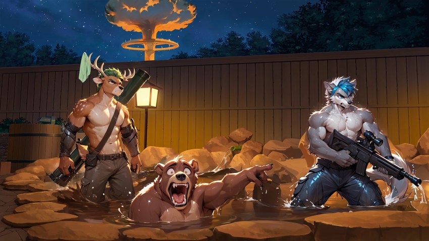 abs anthro antlers bare_chest bottomwear clothed clothing eyebrows fur gesture group gun hair horn hot_spring male muscular navel night nipples onsen pants partially_submerged pecs pointing ranged_weapon rifle scar short topless trio water weapon wet thebigbradwulf brad_wulf_(thebigbradwulf) buckshot_bruin_(thebigbradwulf) random_ass_bear_(thebigbradwulf) canid canine canis cervid mammal ursid wolf hi_res