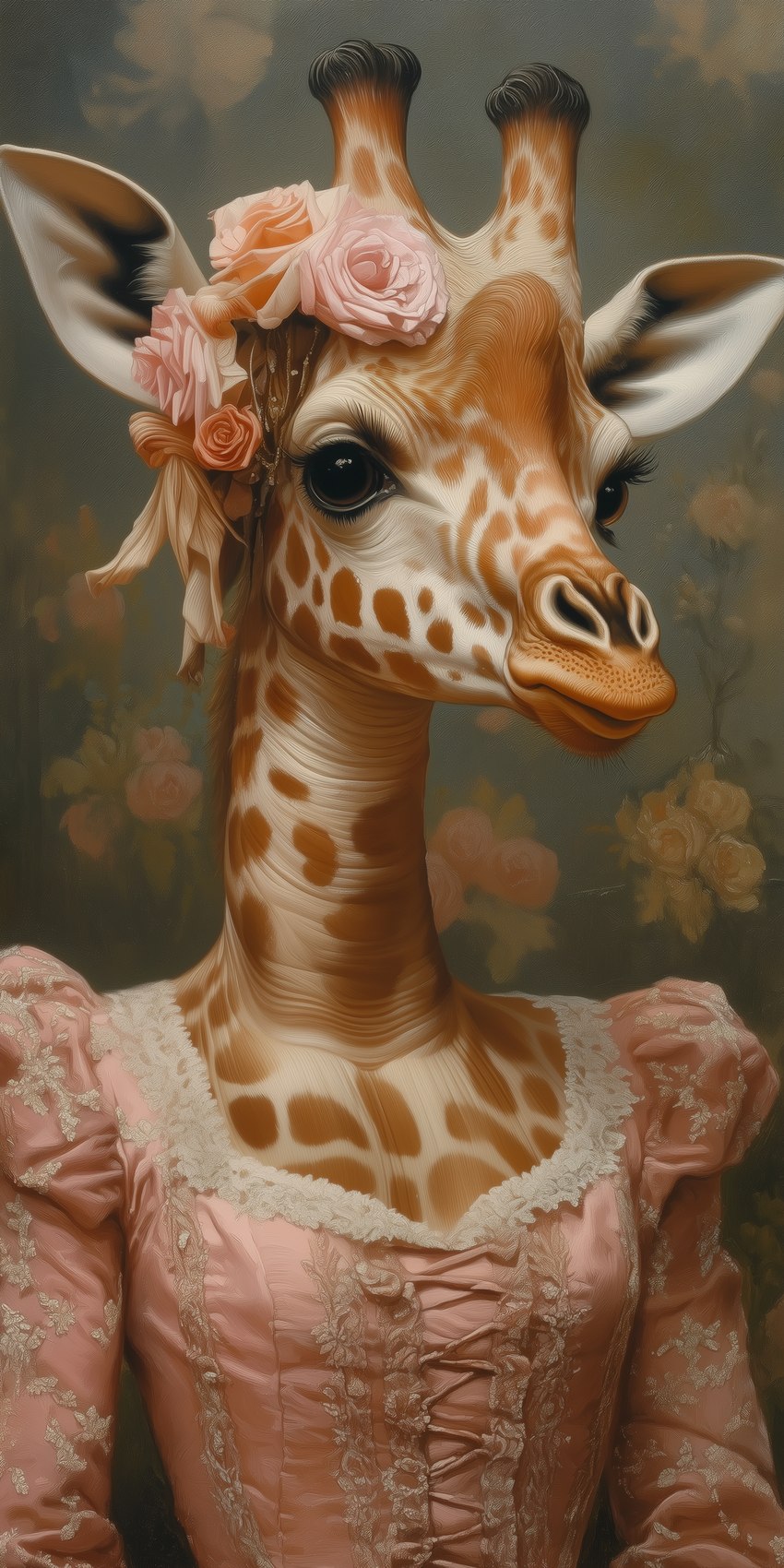 anthro black_eyes breasts clothing corsage dress female floral_background floral_print horn lace ossicone painting pink_clothing pink_dress small_breasts solo_focus bahufaru giraffe giraffid mammal absurd_res hi_res portrait