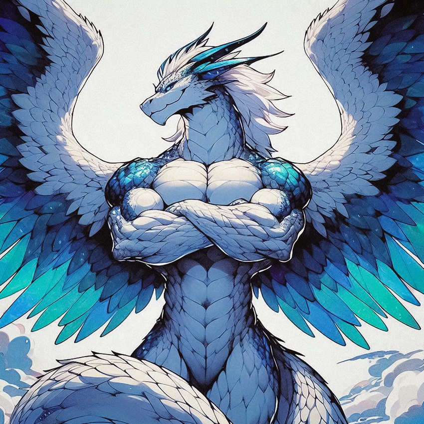 animal_genitalia anthro bedroom_eyes biceps big_biceps big_deltoids big_forearm_muscles big_muscles big_quads big_triceps biped black_pupils blue_body blue_eyes blue_feathers blue_horn blue_scales blue_sclera blue_wings broad_shoulders closed_smile cloud crossed_arms curved_tail dall-e_3 deltoids detailed_background feathered_tail feathered_wings feathers forearm_muscles front_view genital_slit genitals glistening glistening_body glistening_feathers glistening_horn glistening_scales green_body green_feathers green_scales green_wings hair half-closed_eyes head_horn horn iridescent iridescent_feathers iridescent_scales iridescent_wings light light_body long_hair looking_aside looking_at_viewer male mouth_closed multicolored_body multicolored_feathers multicolored_scales multicolored_wings muscular muscular_anthro muscular_arms muscular_male muscular_thighs narrowed_eyes nude nude_anthro nude_male outside pecs pose pupils quads scales seductive sky slit slit_pupils smile smiling_at_viewer smirk smirking_at_viewer snout solo teal_body teal_feathers teal_scales teal_wings thick_neck thick_tail trapezius triceps white_body white_feathers white_hair white_scales white_tail white_wings wings zenithwolf angel celestial_being dragon feathered_dragon mythological_creature mythological_scalie scalie 1:1 cool_colors detailed digital_media_(artwork) hi_res lighting portrait shaded three-quarter_portrait