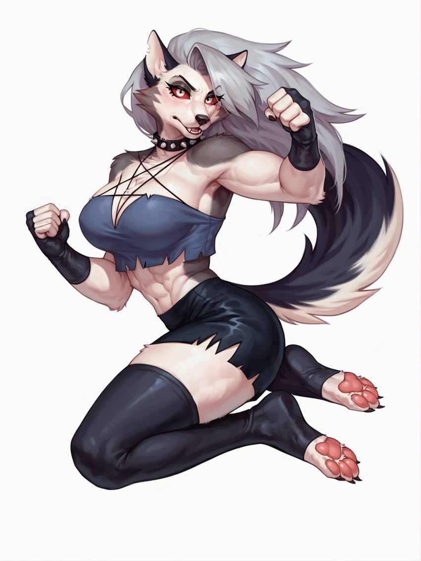 4_toes 5_fingers abs anthro athletic athletic_anthro athletic_female biceps big_breasts black_clothing blush bottomwear breasts claws clothed clothing collar eyebrows eyelashes feet female fighting_pose fingerless_gloves fingers fist flexing fur gloves grey_body grey_fur grey_hair hair handwear jumping kneeling legwear long_hair looking_at_viewer midair midriff multicolored_body multicolored_fur muscular muscular_anthro muscular_female navel notched_ear open_mouth pawpads paws pink_pawpads pose red_sclera ring_piercing shirt shorts shoulderless_shirt simple_background solo spiked_collar spikes teeth thigh_highs toe_claws toes topwear torn_clothing tuft white_background white_body white_eyes white_fur unknown_director loona_(helluva_boss) canid canid_demon canine demon hellhound mammal hi_res