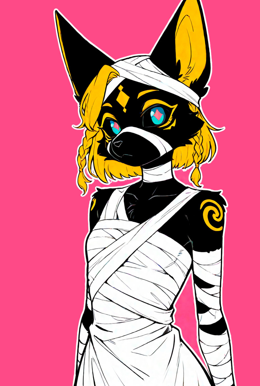anthro bandage_on_face bandaged_arm bandages black_body black_fur black_sclera blonde_hair breasts clothing collarbone eyeliner female fur hair looking_at_viewer makeup markings mummy_costume pink_background pink_pupils pseudo_hair pupils simple_background small_breasts solo standing white_clothing yellow_markings loren_iipsum canid canine canis domestic_dog mammal hi_res