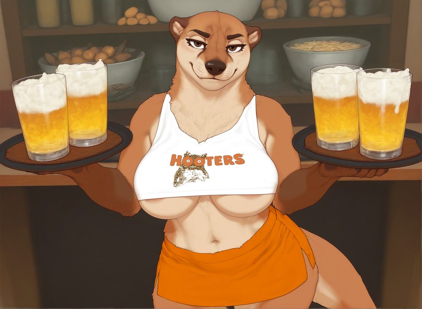 alcohol areola areola_slip barely_contained beer beverage big_breasts bottomwear breasts brown_body brown_eyes brown_fur cleavage clothed clothing container crop_top curvy_figure female food fur gloves_(marking) holding_object hooters huge_breasts inside looking_at_viewer markings midriff narrowed_eyes navel nipples orange_bottomwear orange_clothing plate public public_exposure shirt skirt smile smug solo standing tail tan_body tank_top text text_on_clothing text_on_shirt text_on_tank_top text_on_topwear thick_thighs topwear under_boob wide_hips otteranon lutrine mammal mustelid english_text hi_res