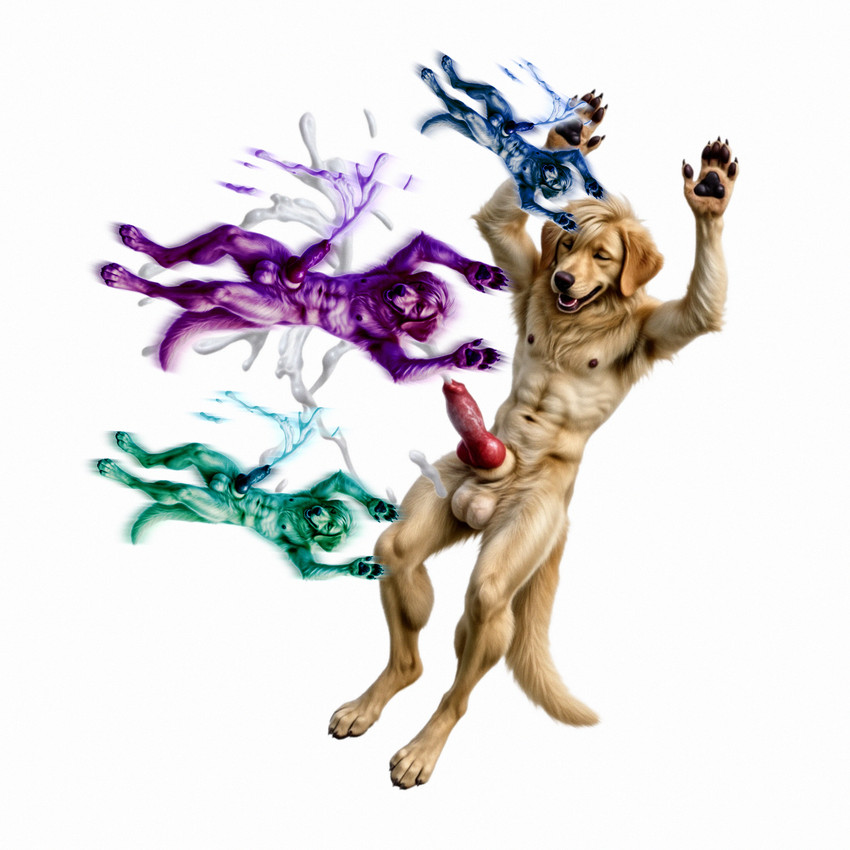4_toes 5_fingers animal_genitalia animal_penis anthro balls big_balls big_penis blue_body blue_fur bodily_fluids canine_genitalia canine_penis clone cum cumshot digitigrade ejaculation erection eyes_closed feet fingers floating floppy_ears fur genital_fluids genitals green_body green_fur group hair knot male motion_blur nipples open_mouth orgasm penis purple_body purple_fur raised_arms simple_background solo tan_body tan_fur toes white_background 7oxytron meme_2026 this_meme_is_from_the_future bird_dog canid canine canis domestic_dog hunting_dog labrador mammal retriever hi_res