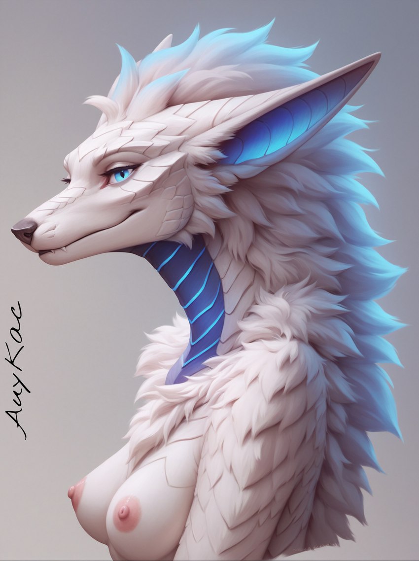 anthro blue_highlights blue_inner_ear breasts fangs female fluffy glowing glowing_body highlights_(coloring) iridescent_scales nipples pink_nipples scales skinny small_breasts solo auykac canid canine canis dragon jackal mammal absurd_res hi_res