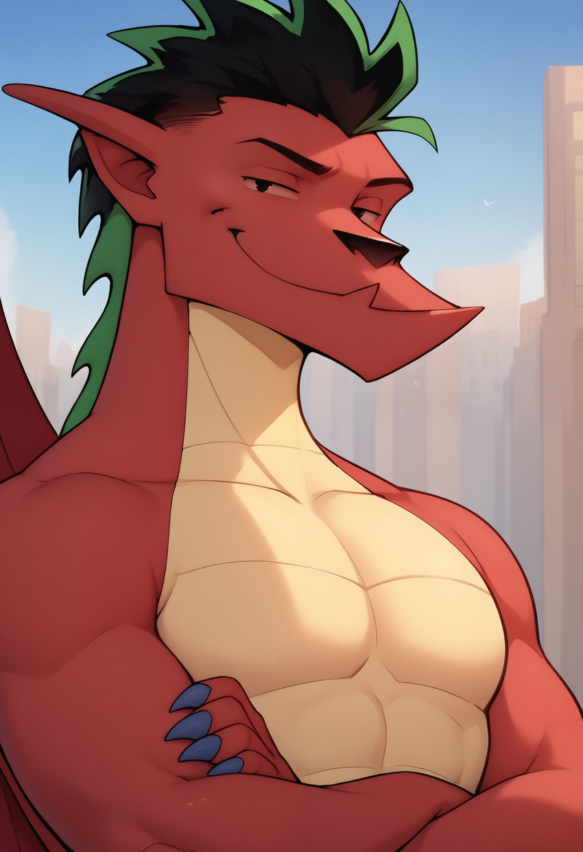 anthro arms_crossed claws humanoid_pointy_ears looking_at_viewer male membrane_(anatomy) membranous_wings mythology red_body smile solo wings haxivus american_dragon:_jake_long disney jake_long dragon mythological_creature mythological_scalie scalie western_dragon absurd_res hi_res
