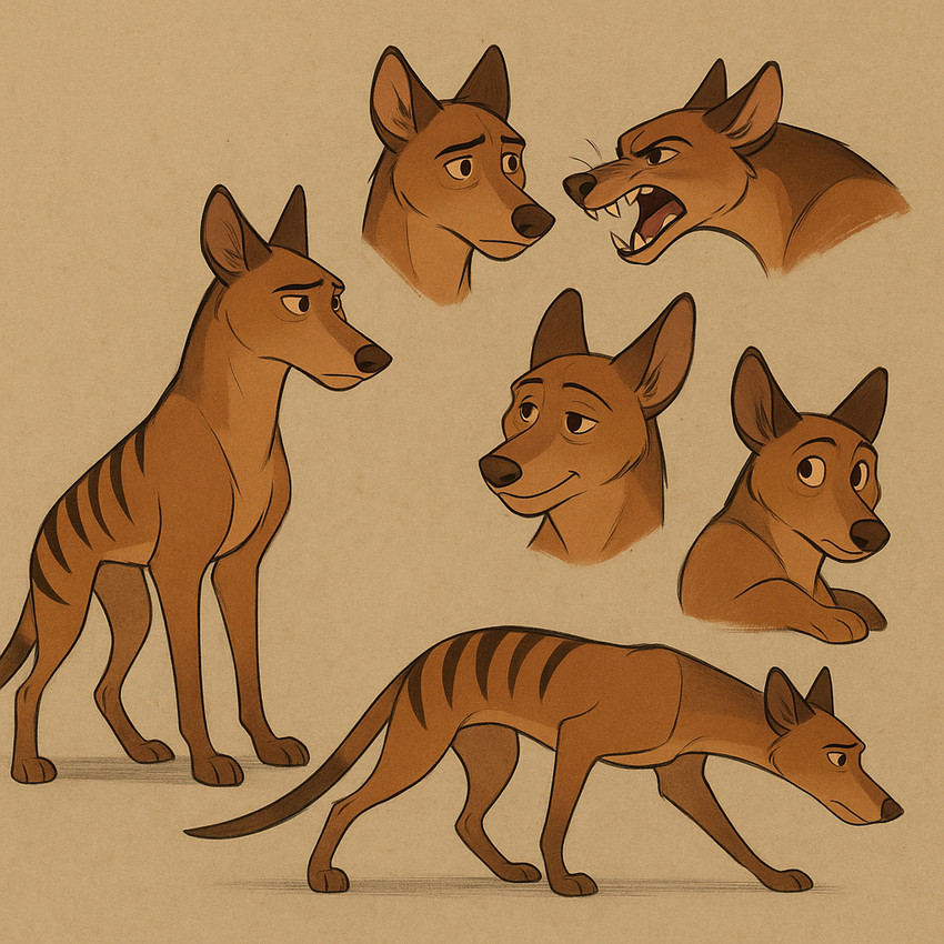 feral male multiple_angles open_mouth simple_background smile solo standing striped_body stripes whatshisnuts toba_(whatshisnuts) dasyuromorph mammal marsupial thylacine model_sheet