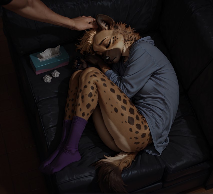 anthro bottomless bottomless_female clothed clothing dipstick_tail disembodied_hand duo female footwear furniture furryandmorev40 head_pat male male/female markings oversized_shirt purple_clothing purple_footwear purple_socks sad sleeping socks sofa solo_focus stable_diffusion tail_markings teal_shirt teal_topwear tissue_box topwear used_tissue nettele_(director) human hyaenid mammal spotted_hyena 2025 colored digital_media_(artwork) full-length_portrait hi_res portrait