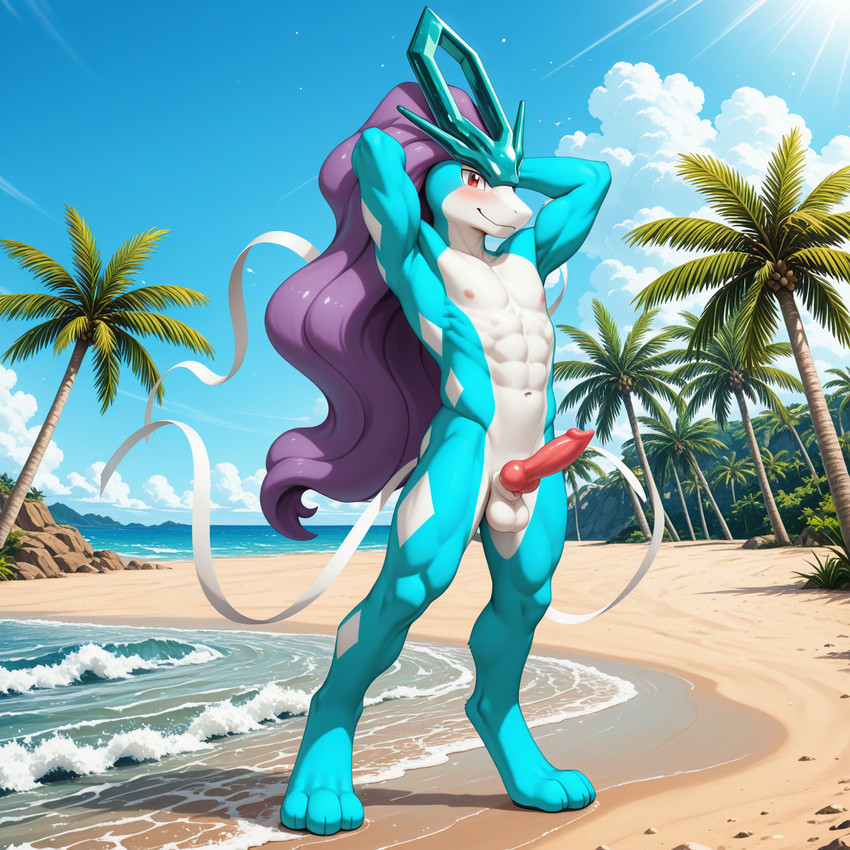 3_toes animal_genitalia animal_penis anthro balls beach blush canine_genitalia canine_penis cloud feet genitals hair hands_behind_head long_hair looking_at_viewer male muscular narrowed_eyes nipples outside palm_tree penis plant purple_hair sea seaside sheath sky smile solo toes tree water digitaljackal nintendo pokemon generation_2_pokemon legendary_pokemon pokemon_(species) suicune hi_res