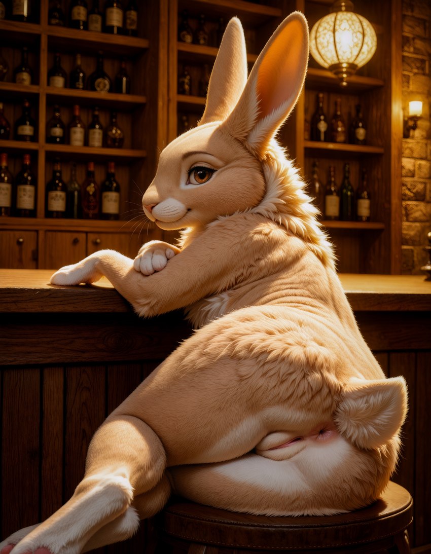 anthro anus arm_support bar bar_stool bedroom_eyes beverage bottle brown_body brown_eyes butt cheek_tuft counter countershade_torso countershading detailed_fur ears_up eyebrows eyelashes facial_tuft female fingers fluffy fluffy_tail fur furniture genitals glass glistening glistening_eyes humanoid_genitalia humanoid_pussy inner_ear_fluff inside lamp leaning leaning_on_elbow leaning_on_table light long_ears looking_at_viewer looking_back looking_back_at_viewer lying markings multicolored_body multicolored_fur narrowed_eyes neck_tuft nude nude_female on_side paws pink_anus pink_nose pink_pussy pinup plump_labia pose presenting presenting_anus presenting_hindquarters presenting_pussy pussy rabbit_ears raised_tail rear_view scut_tail seductive semi-anthro shelf short_tail sitting smile smiling_at_viewer solo stool table tan_body tan_fur tavern tuft two_tone_body two_tone_fur whiskers white_body white_fur wood_furniture birdlover lagomorph leporid mammal rabbit absurd_res detailed hi_res lighting